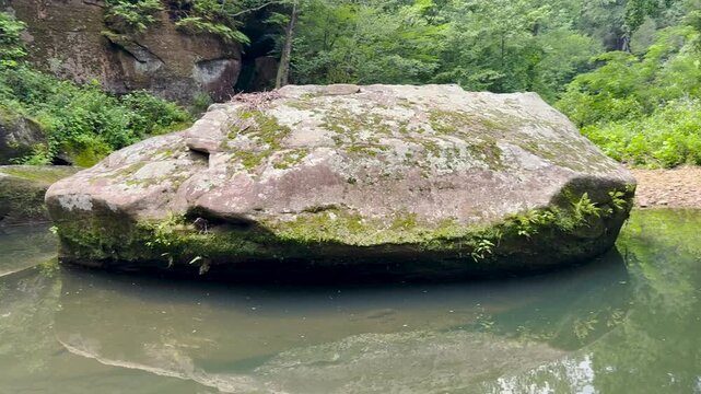 Large sandstone rock in a quiet stream pool near Devil's Backbone formation at Bell Smith Springs in Shawnee National Forest, Southern Illinois.