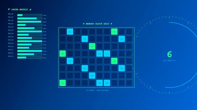 A digital data pipeline shows fluctuating memory block grid metrics on a deep blue interface display providing real time statistical analysis for software engineering monitoring