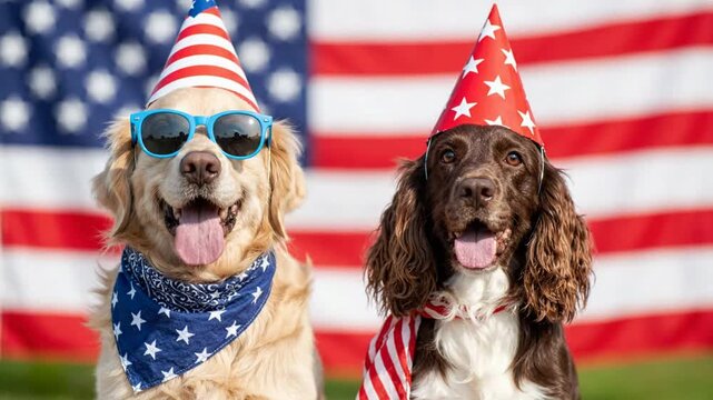 Patriotic dogs celebrating fourth of july with american flag background, funny golden retriever and spaniel in party hats and bandanas