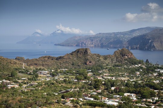 Houses, Vulcano, in the background Lipari and Salina, Aeolian or Lipari Islands, Sicily, Southern Italy, Italy