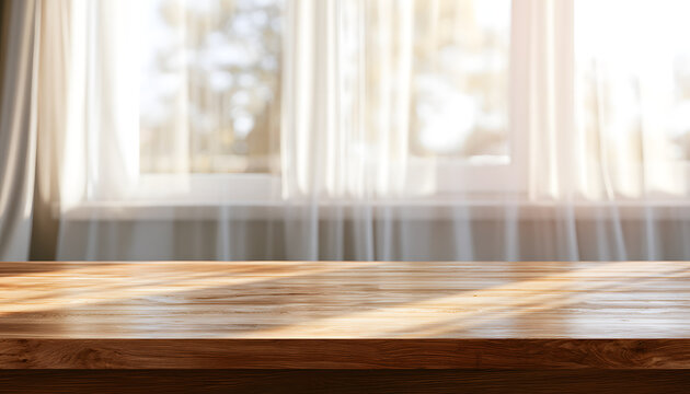 Wooden tabletop in the background of a partially curtained window