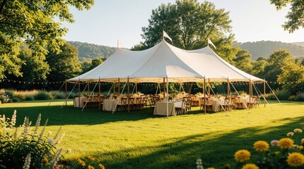 Naklejka premium Outdoor white tent setup on green grass for event. Tables and chairs ready for guests under string lights. Peaceful daytime garden celebration venue, sunny landscape.
