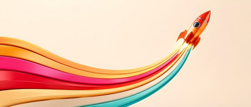 Orange retro rocket launching with colorful swooping 3d ribbon trails representing creative business startup growth and dynamic market progress