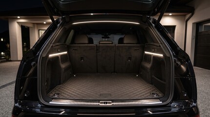 Obraz premium Open SUV cargo area with quilted liner and ambient lighting in garage at night