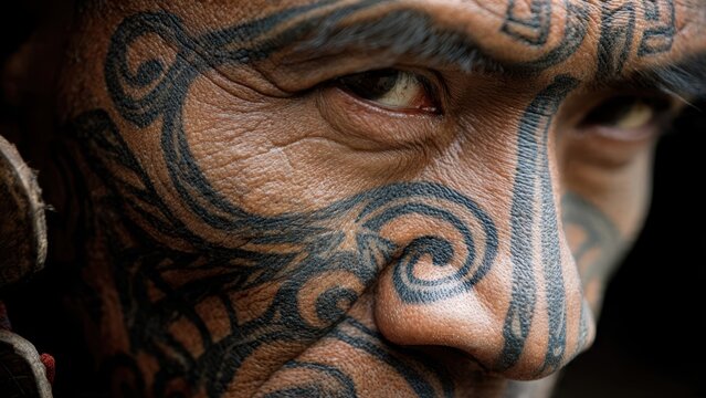 Intricate facial tattoos on a mature man's face capturing cultural heritage and expression