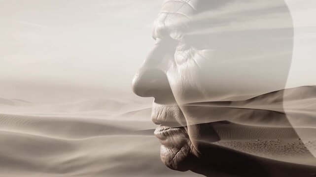 Human face blended with desert dunes in surreal double composition