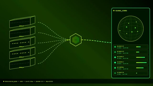 A digital data pipeline shows server nodes transmitting information across a global network represented by glowing lines and points within a three panel interface display environment