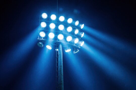 Stadium floodlights shine bright electric blue light at night. Pole mounted light tower illuminates dark outdoor sports field. Dramatic powerful stadium lighting beams.