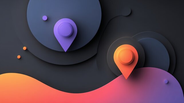 Creative 3d papercut style background with overlapping dark and colorful waves featuring modern purple and orange location map pins