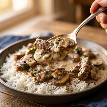 Beef stroganoff served on rice with mushrooms and herbs  