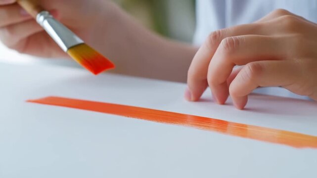 Hand painting orange brushstroke on white paper at a creative work surface
