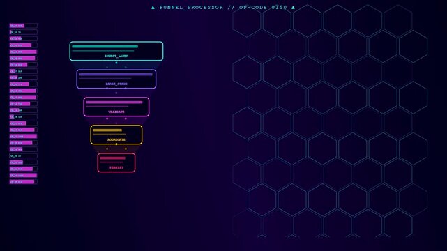 A digital data pipeline interface displaying information flow through stacked hexagonal grid modules in a dark room setting with vibrant neon purple and cyan illumination
