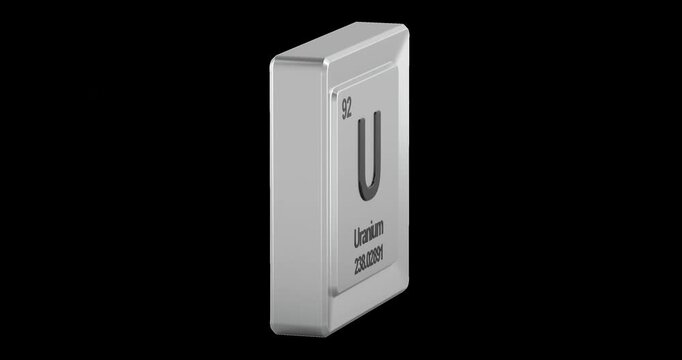 Uranium periodic table element tile rotation animation seamlessly loopable. 3D rendering isolated on transparent background