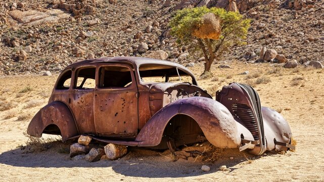 Car wreck, desert, Namibia