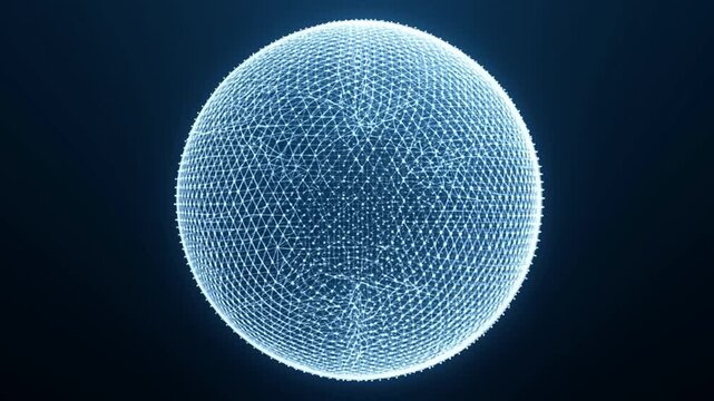 Glowing digital network sphere isolated against dark blue background with dense dots