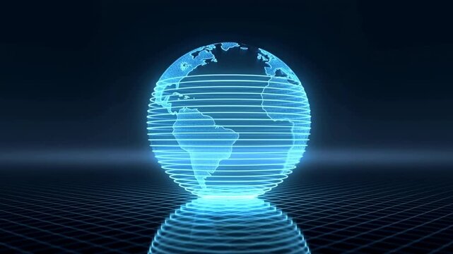 Glowing digital Earth globe over blue grid floor in dark futuristic setting