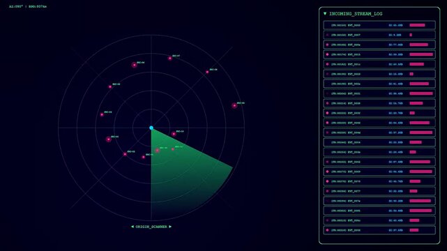 A digital data pipeline visualizes complex radar signals on dark screens displaying glowing circular interface elements and scrolling text logs for modern analytics and monitoring systems