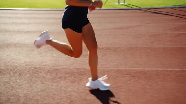 Runner taking a stride on an outdoor track with one foot lifted and long shadow