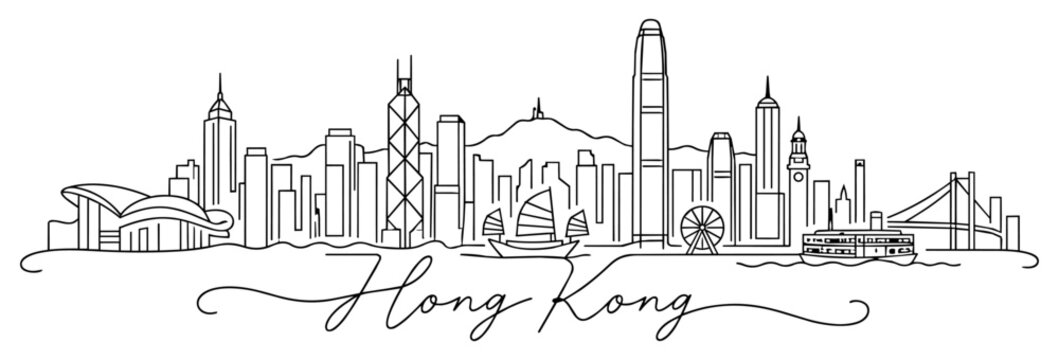 Hong Kong Skyline Continuous One Line Drawing with Famous Landmarks
