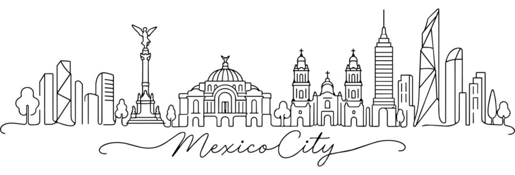 Mexico City Mexico Skyline Continuous One Line Drawing with Famous Landmarks