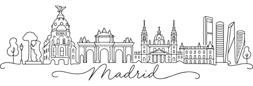 Madrid Spain Skyline Continuous One Line Drawing with Famous Landmarks