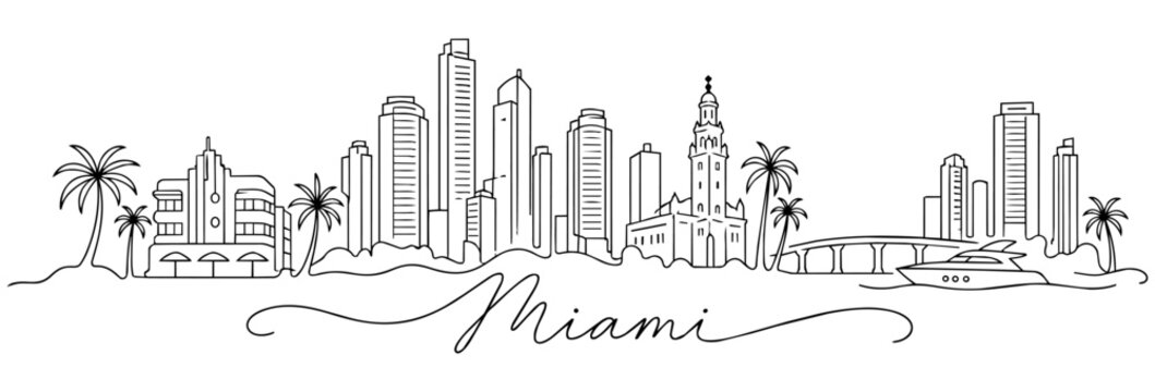 Miami Florida Skyline Continuous One Line Drawing with Famous Landmarks