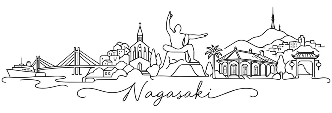 Nagasaki Japan Skyline Continuous One Line Drawing with Famous Landmarks