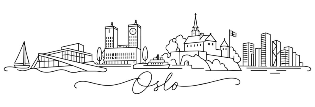 Oslo Norway Skyline Continuous One Line Drawing with Famous Landmarks