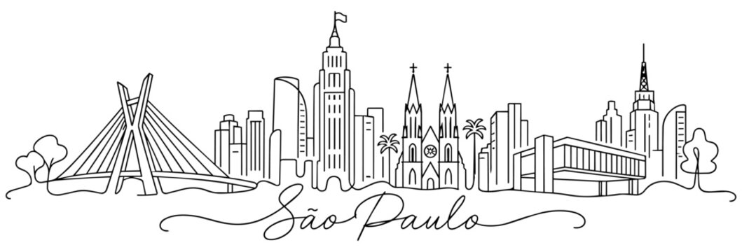 Sao Paulo Brazil Skyline Continuous One Line Drawing with Famous Landmarks