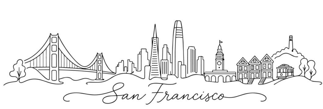 San Francisco California Skyline Continuous One Line Drawing with Famous Landmarks