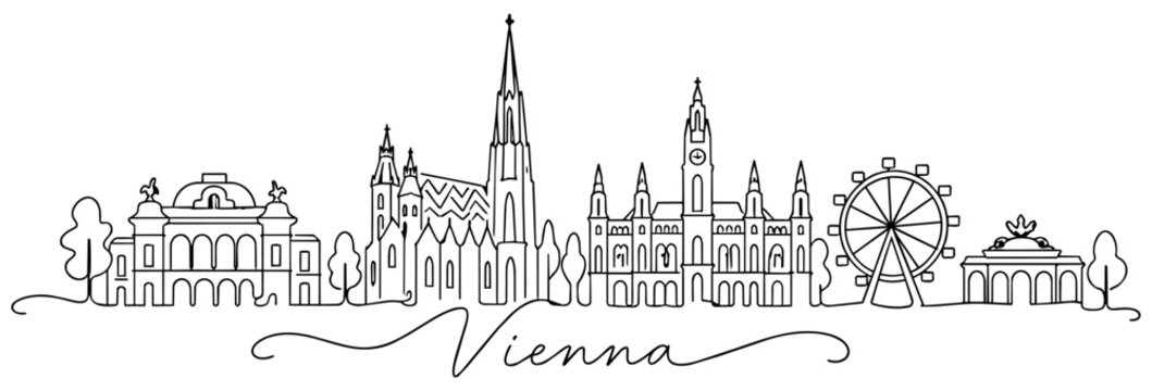 Vienna Austria Skyline Continuous One Line Drawing with Famous Landmarks