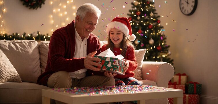 Smiling senior man and young girl celebrate Christmas countdown to midnight while opening a gift amidst falling confetti.