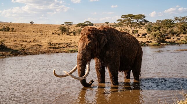 Woolly Mammoth Standing in River in African Savanna Landscape