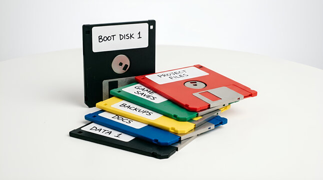 Stack of floppy disks black red green yellow blue colors, handwritten labels system files boot disk photos utils work games backup 1992-1996, retro vintage computer storage media