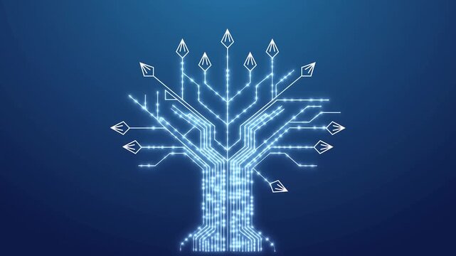Circuit board tree displayed with glowing nodes on blue digital technology background