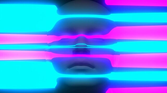 Digital Human Face Displaying Glowing Neon Markers Against Black Background
