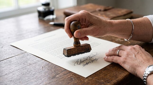 Hand pressing wooden stamp onto signed legal document on wooden desk, with stamp, hand, wooden