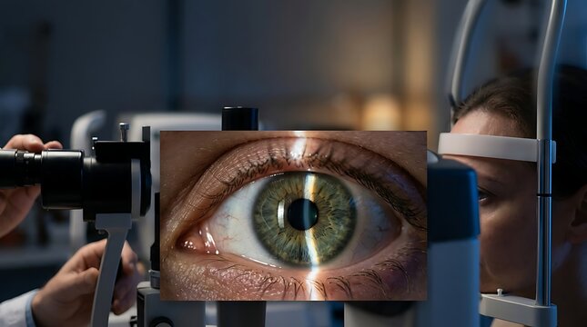 Ophthalmologist examining eye for keratoconus with slit lamp
