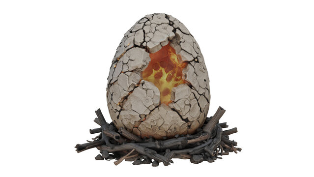 3d rendering dragon egg fossil in a nest with fire inside