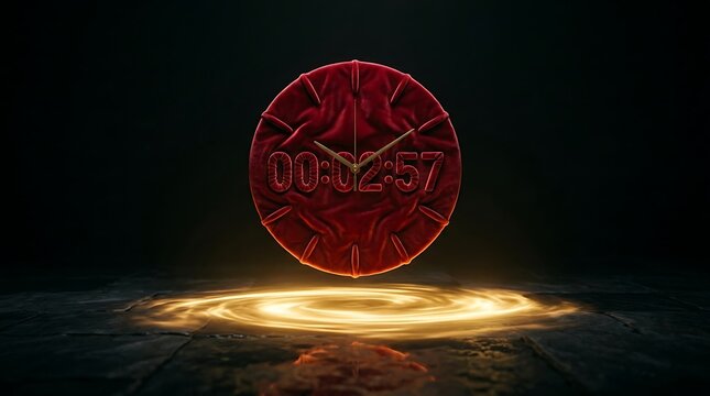 A glowing red clock with a mysterious aura floats above a stone surface in a dark room.