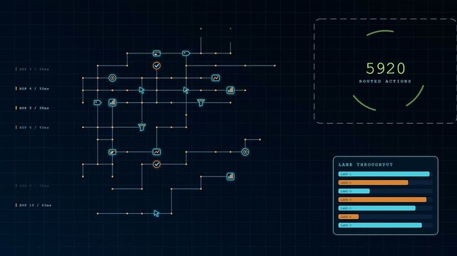 A digital conversion tracker visualizes data flows across multiple screens in this rhythmic motion graphic showcasing abstract information systems moving through dark blue computer environments