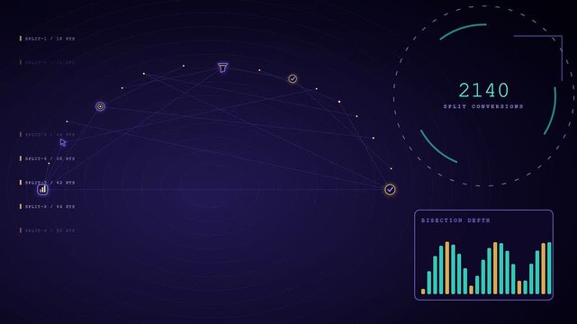 A digital conversion tracker visual interface displays fluctuating metrics and circular data charts while glowing geometric lines animate across a dark purple virtual monitoring screen environment