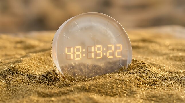 A digital timer lies buried in sand, counting down to a deadline or milestone.