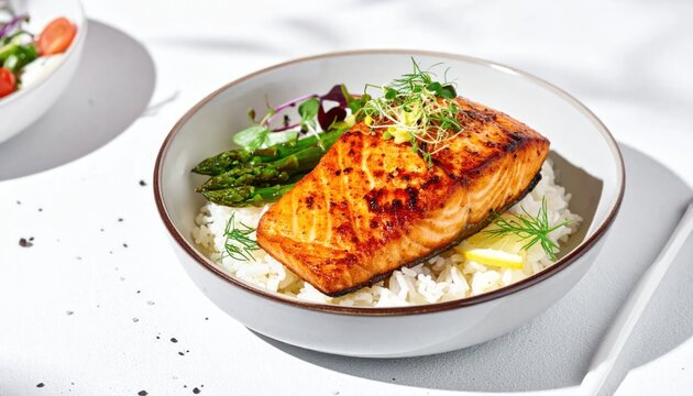 Delicious Grilled Salmon Fillet Served with Rice and Asparagus.