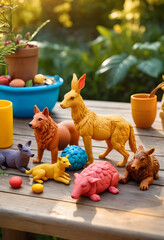 Naklejka premium Childhood creativity and imaginative play with colorful clay animals on a wooden table outdoors in sunlight