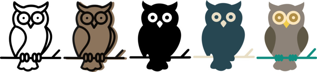 Fototapeta premium Set of Halloween owl on a branch flat vector icons in different color options