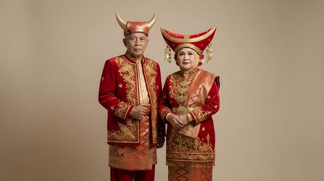 Senior Minangkabau couple in traditional red Baju Adat from West Sumatra Indonesia
