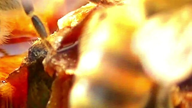 Close up shot of honey bee harvesting honey from a honeycomb