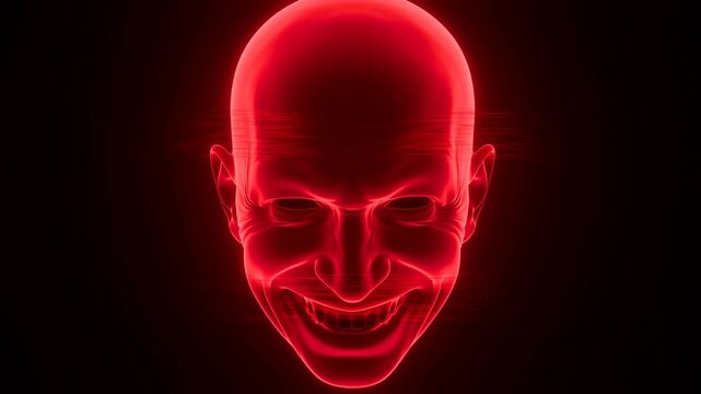Red glowing human face floating against black background in still front view