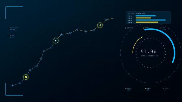 A digital conversion tracker interface display showing fluctuating growth metrics in three panels with vibrant blue circular charts and yellow line graphs on dark screen